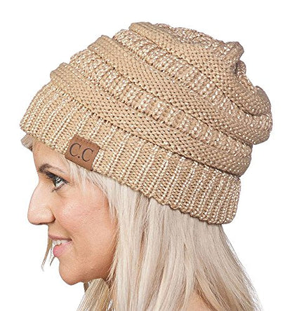 C.C Trendy Warm Chunky Soft Stretch Cable Knit Beanie Skully - color: Metallic Gold