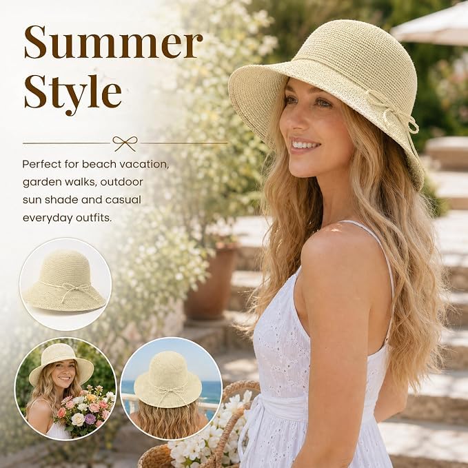 Beach Sun Hats for Women Foldable Straw Bucket Summer Hat Packable Travel - color: Beige