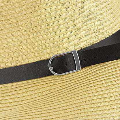 Men's Floppy Packable Straw Hat Beach Cap Newsboy Fedora Sun Hat, Big Brim, Adjustable Chin Strap - color: Beige