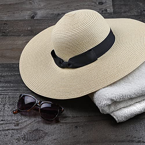 Women Floppy Sun Hat with Wide Brim—Foldable Roll-Up Straw Beach Hat UPF 50 - color: Beige, size: Small