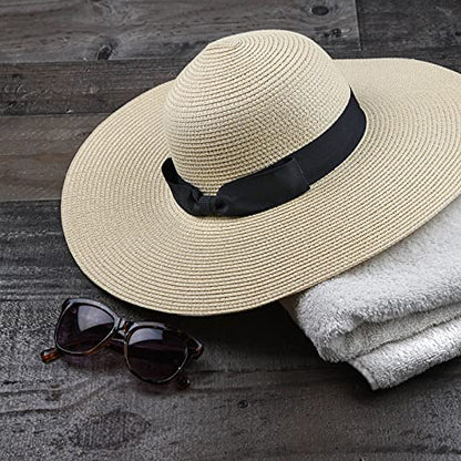 Women Floppy Sun Hat with Wide Brim—Foldable Roll-Up Straw Beach Hat UPF 50 - color: Beige, size: Small