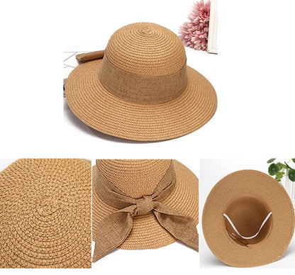 ericotry 1PC Women Foldable Floppy Beach Cap Wide Brim Sun Protection Straw Hat Big Bowknot Summer Sun Hat UPF 50+ (Khaki)