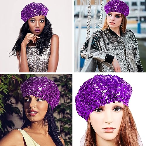 JUMISEE Sparkly Sequin Berets for Women Girls Fashion Beanie Hat Costume Accessories for Festival Party Dance - color: Purple