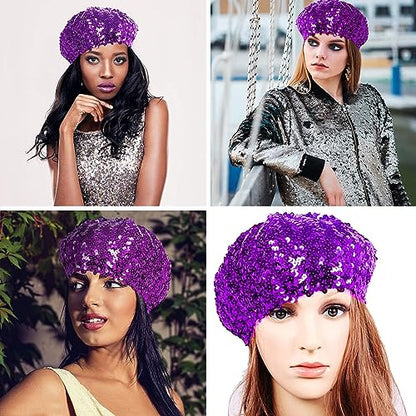 JUMISEE Sparkly Sequin Berets for Women Girls Fashion Beanie Hat Costume Accessories for Festival Party Dance - color: Purple