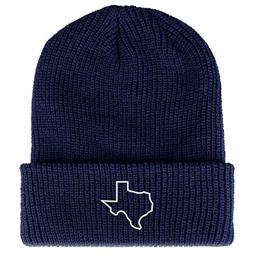 Trendy Apparel Shop Texas State Outline Embroidered Ribbed Cuffed Knit Beanie - color: Navy