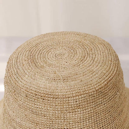 Natural Raffia Straw Bucket Hat for Women Sun Beach Handmade Raffia Woven Bucket Hat Foldable Summer Cap - color: Natural Raffia