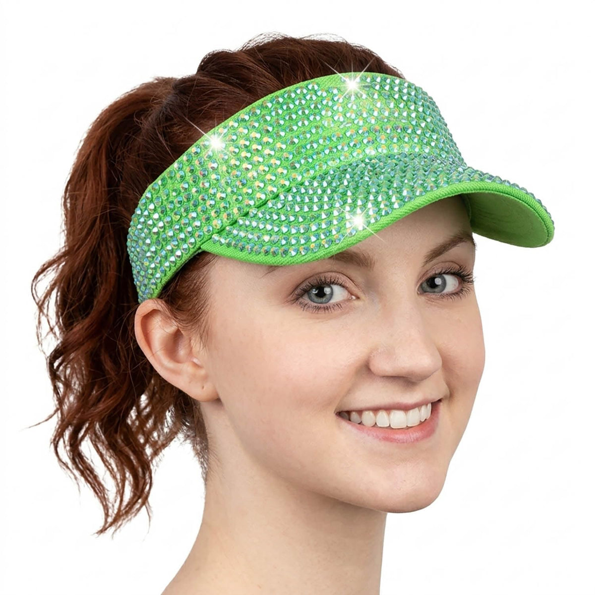 Women Shiny Rhinestone Bling Sun Visor Adjustable Tennis Beach Ponytail Hat - color: Green Hat+white Rhinestone