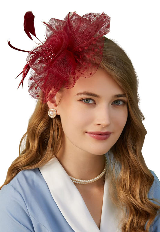 Fascinators Hat for Women Tea Party Headband Kentucky Derby Wedding Flower Cocktail Mesh Feathers Hair Clip - color: 1-burgundy