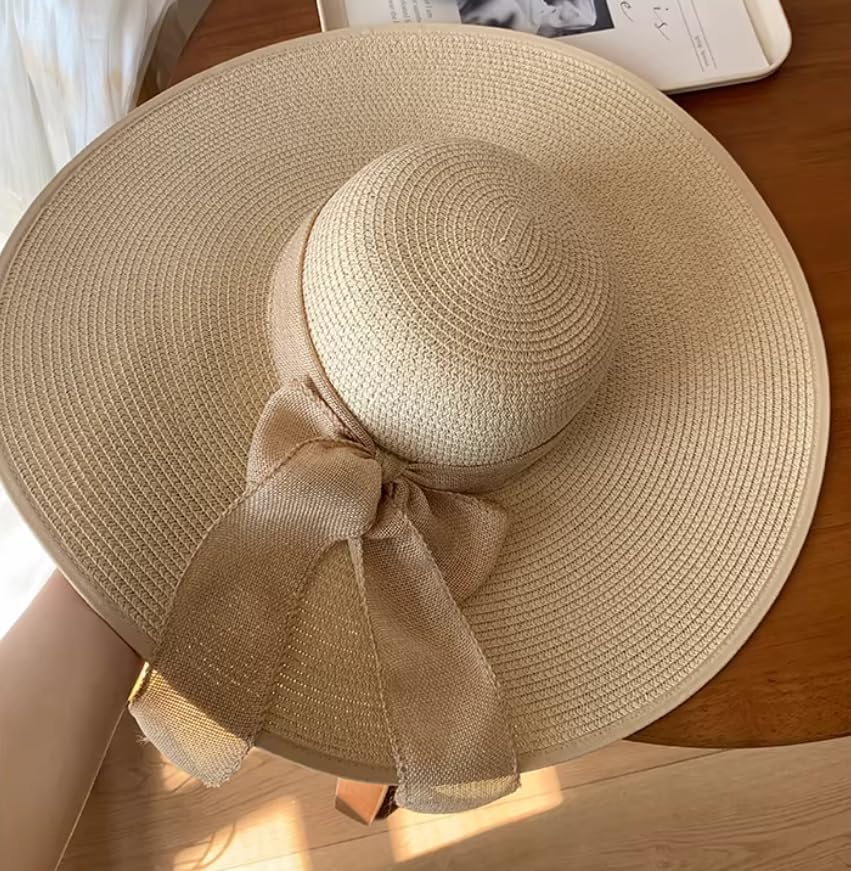 Womens Sun Straw Hat Wide Brim UPF 50+ Fashion Foldable Packable Floppy Beach Hat for Women Travel Outdoor Beige