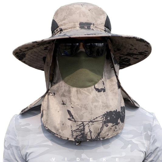 Men Women Safari Bucket Fishing Sun Hats Face Cover Neck Flap - color: Khaki Ink Wash Pattern