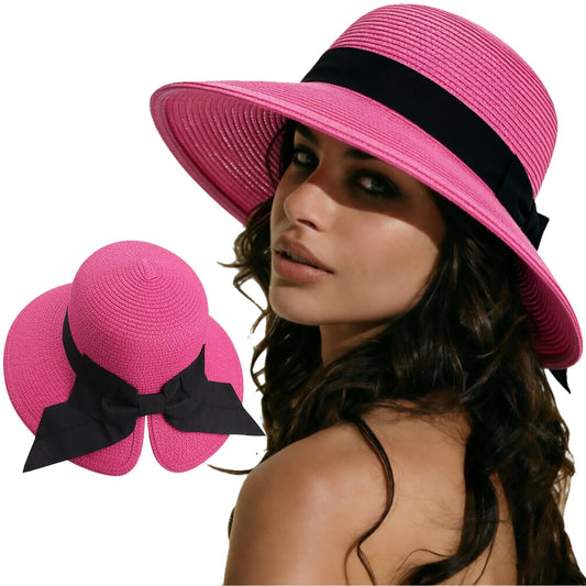 DRESHOW Sun Hats for Women Travel Fedora Foldable Beach Sun Hat Summer Wide Brim Straw Bucket Hat with Bowknot UPF 50+ - color: 1 Pack With Bowknot: Fuchsia With Black Band