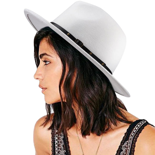 DRESHOW Women Classic Felt Fedora Wide Brim Floppy with Belt Buckle Panama Hat - color: 1 Pc Felt Fedora: White