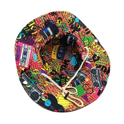 Sun Bucket Hat for Men Women Fishing Beach Safari Trendy Cotton Cowboy Cap for Golf Hiking Hunting Outdoor Boonie - color: 90s Graffiti