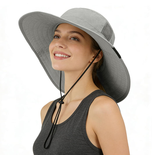 Tirrinia Sun Hats for Women, Wide Brim Hat with Ponytail Hole - color: Gray-22.44‘’head