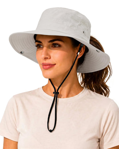 Wide Brim Waterproof Bucket Rain Hat for Women Men UPF50+ Cowboy Sun Hat - color: Off-white