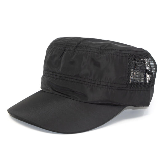 Military Style Cadet Cap with Mesh Side Panels, Adjustable Strap - color: Black
