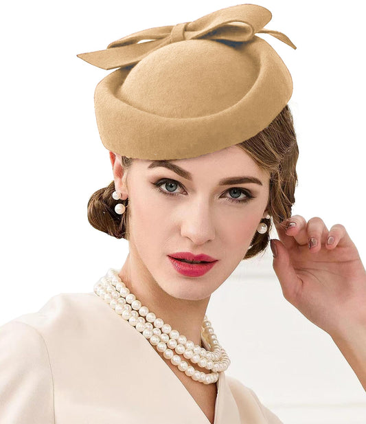 ORIDOOR British Style Pillbox Hat Women Church Wedding Winter Vintage Fascinator Beret 100% Wool Felt Hat with Veil - color: White