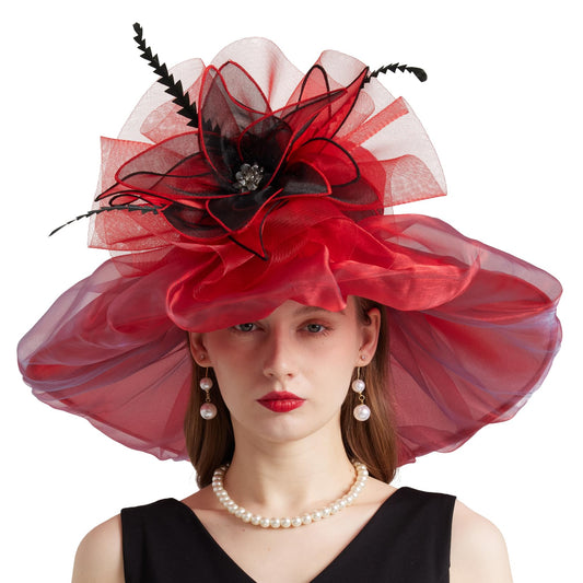 Women Organza Church Derby Hat Wide Brim Sun Caps for Wedding Tea Party Hat with Detachable hat Flower as Headgear - color: 10-red