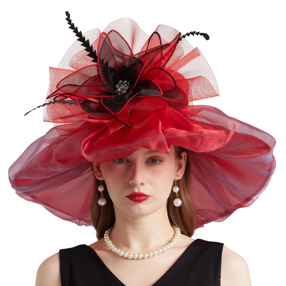 Women Organza Church Derby Hat Wide Brim Sun Caps for Wedding Tea Party Hat with Detachable hat Flower as Headgear - color: 11-black