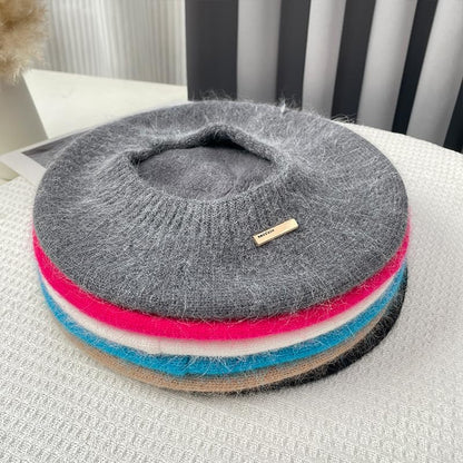 Yanmucy Beret Hat Women Girl, Fluffy Knitted French Beret Warm Classic Beanie Hats Cap for Ladies Men Winter Autumn - color: Red