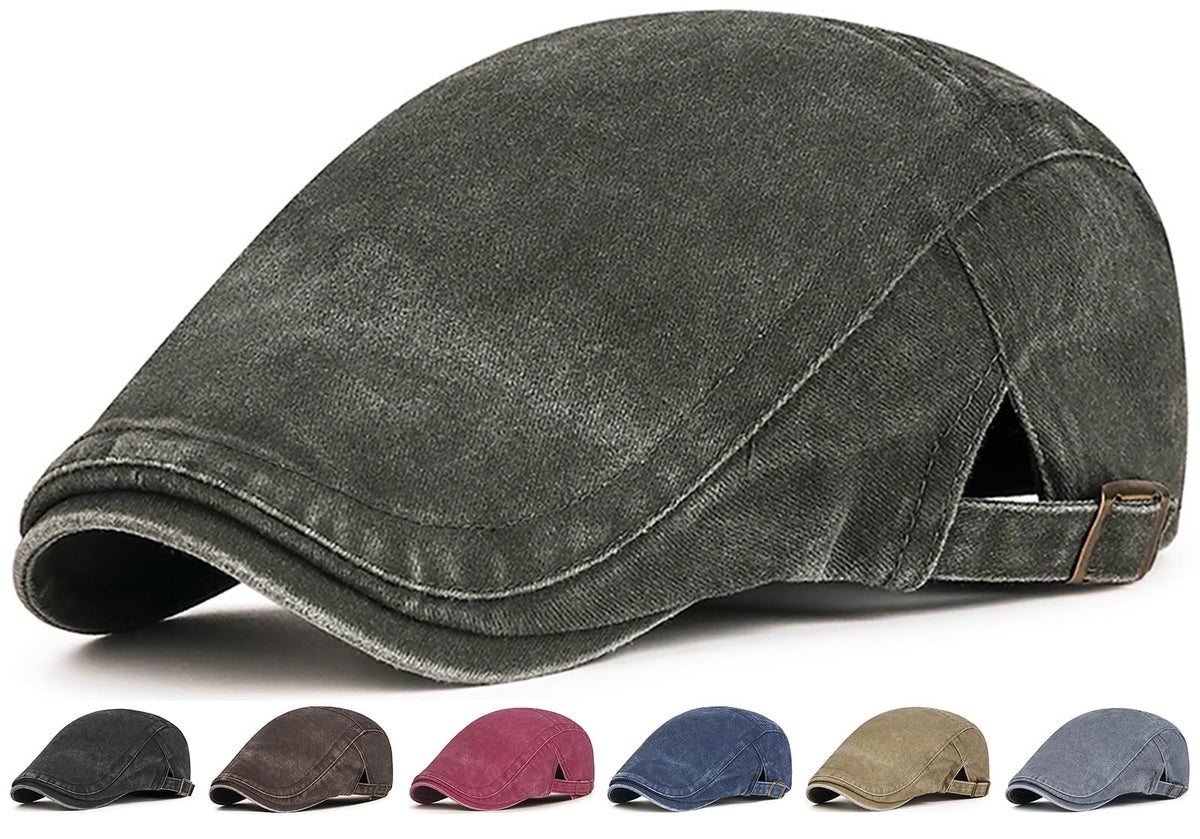 Initlove Mens Newsboy Cap Washed Beret Ivy Hat Flat Hats for Cabbie Driving - color: Black + Black