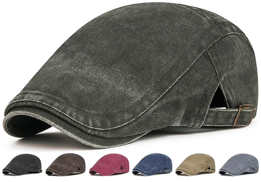 Initlove Mens Newsboy Cap Washed Beret Ivy Hat Flat Hats for Cabbie Driving - color: Black + Black