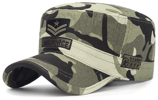 Cotton Military Caps for Men Women Unisex Flat Top Hat Adjustable Cadet Army Cap - color: Green Camouflage
