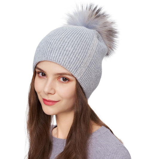 Women's Knitted Angora Wool Hat for Autumn and Winter Warm and Stylish with Rolled Brim and Slanted Rhinestones Cap - color: Slouch-blue