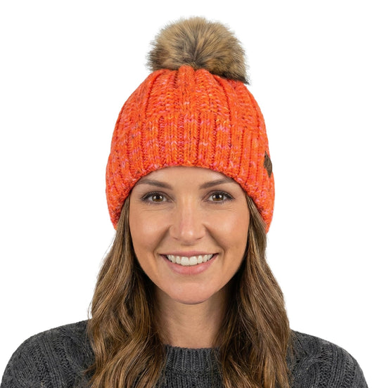C.C Women’s Popcorn Confetti Knit Beanie Fuzzy Insulated Lined with Faux Fur Pom – Warm Winter Hat & Cozy Skull Cap - color: Neon Orange