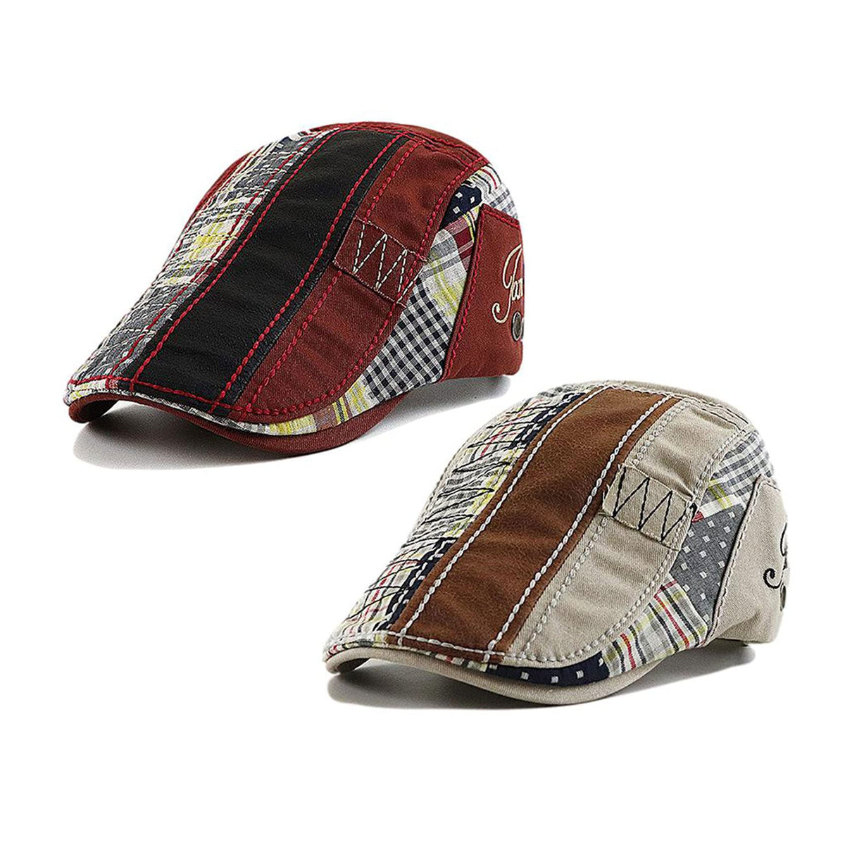 2 Pack Men's Plaid Cotton Flat Newsboy Ivy Cabbie Golf Gatsby Cap Hat - color: 666gr