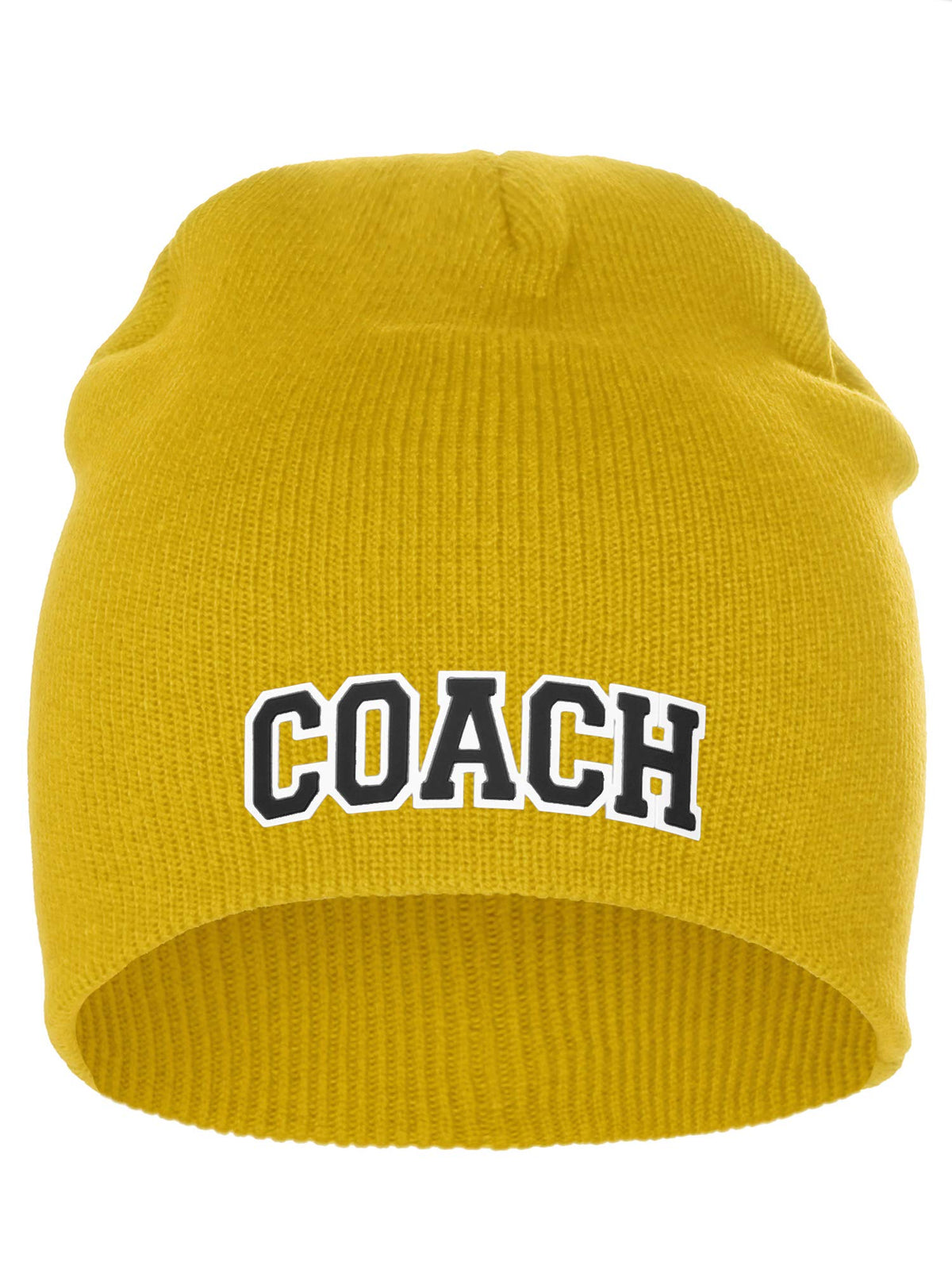 I&W Sports Team Coach Arch Letters Winter Knit Cuffless Beanie 3D Raised Layers - color: Gold Beanie White Black