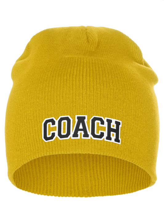 I&W Sports Team Coach Arch Letters Winter Knit Cuffless Beanie 3D Raised Layers - color: Gold Beanie White Black