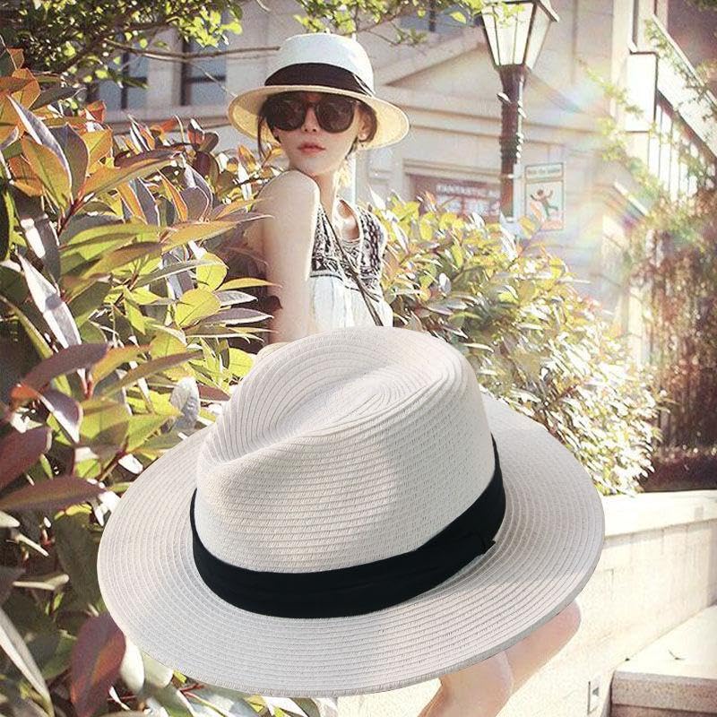Unisex Adjustable Summer Straw Fedora Hat Sun Cap Panama Wide Brim For Beach Summer Outdoors Camping Supplies - color: White