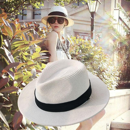 Unisex Adjustable Summer Straw Fedora Hat Sun Cap Panama Wide Brim For Beach Summer Outdoors Camping Supplies - color: White