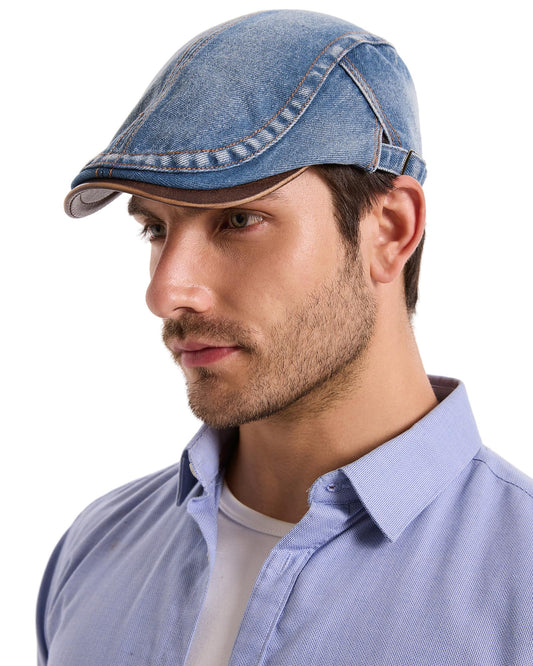 ZLYC Men Cotton Flat Cap Summer Scally Newsboy Beret Driver Hat - color: Button Decor Yellow