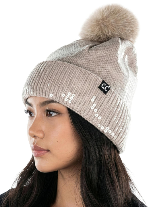 Funky Junque Women's Sequin Pom Beanies – Soft Knit Sparkly Bling Winter Hats for Women, Faux Fur Pom Glitter Sparkle Hat - color: Smooth Sequin - Taupe