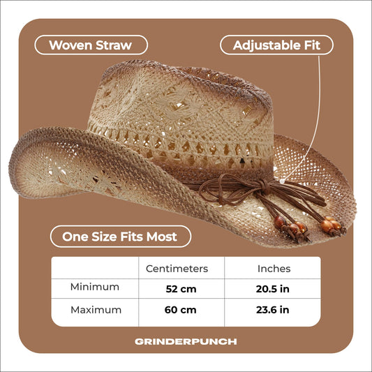 grinderPUNCH Straw Cowboy Hat for Men Women Western Cowgirl Outback Sun Hat - color: Biege