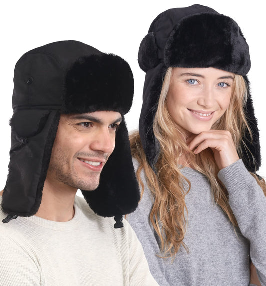 Tough Headwear Russian Trapper Hat – Water-Resistant Ushanka for Men & Women with Chin Strap & Ear Flaps - color: Classic Black