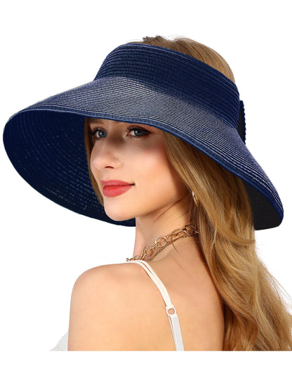 sy soul young Women's Straw Hat with Ponytail Hole Wide Brim Visor Sunhat - color: Navy