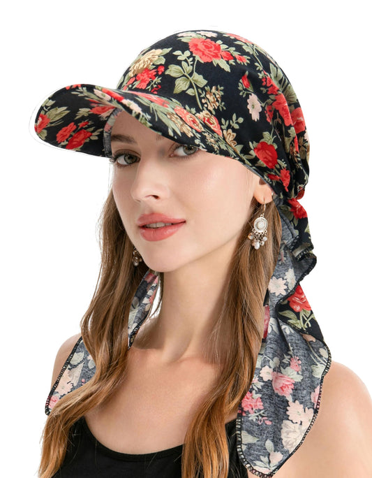 ZLYC Chemo Headwear for Women Brim Visor Head Scarf Pre Tied Headwraps Lightweight Skull Cap - color: Flowers Red Black