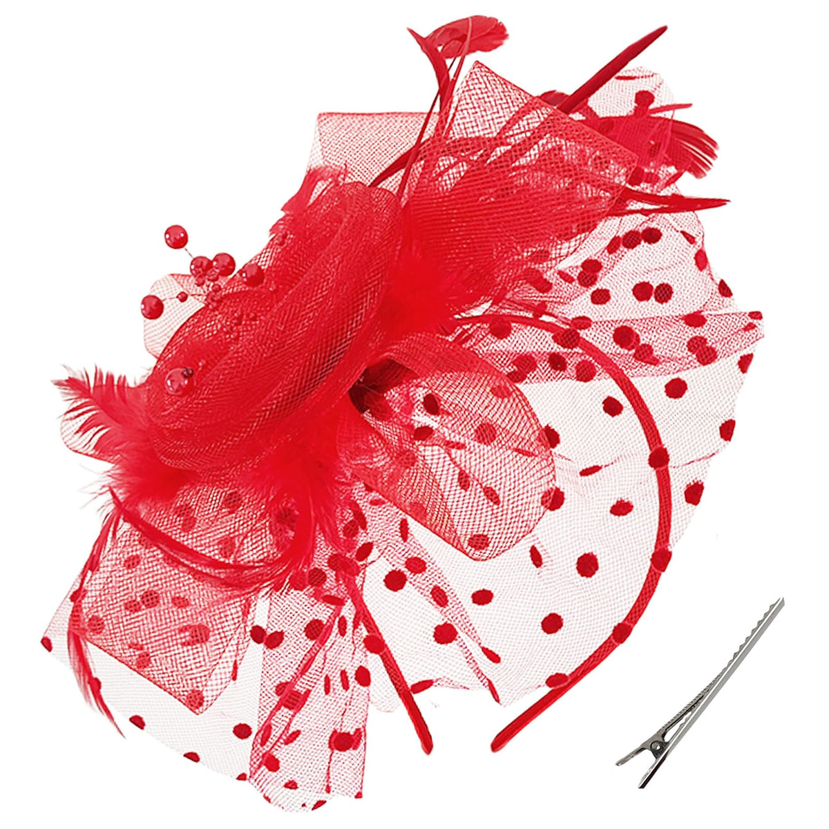 WLBON Fascinators Hat 20s 50s Headband Hair Clips Flower Mesh Veil Feather Headpiece Headwear Women Halloween Carnival Cocktail Wedding Church Cosplay Dress Up Birthday Tea Party Accessories Red - color: Red Tone
