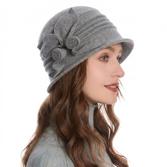 ZLYC Women Wool Cloche Bucket Hat 1920s Vintage Winter Hat with Flower - color: Solid Gray