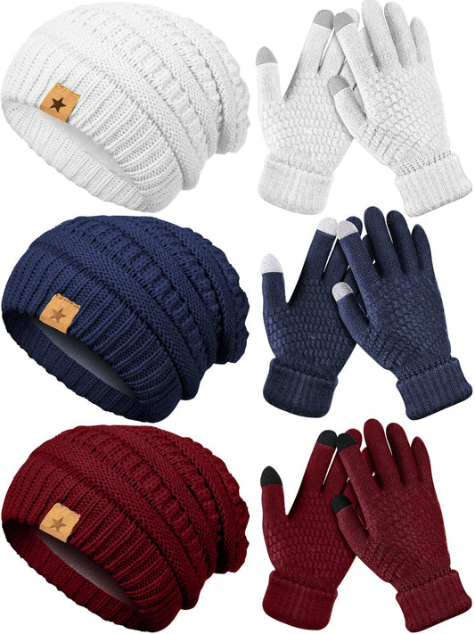 JaGely 6 Pcs Women Winter Beanie Hat Gloves Set Warm Knitted Hats and Touchscreen Gloves Lady Cold Winter Gifts for Christmas - color: White, Navy Blue, Wine Red
