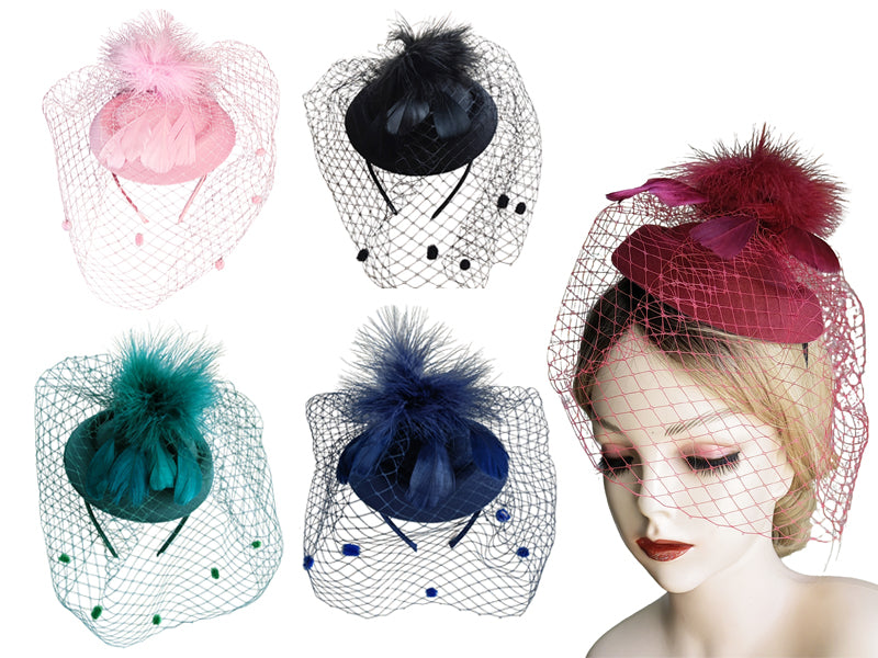 Fascinator Hats for Women Tea Party Veil Feather Fancy Pillbox Hat 20s 50s - color: Navy