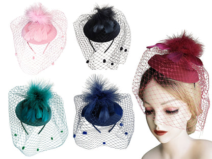 Fascinator Hats for Women Tea Party Veil Feather Fancy Pillbox Hat 20s 50s - color: Navy