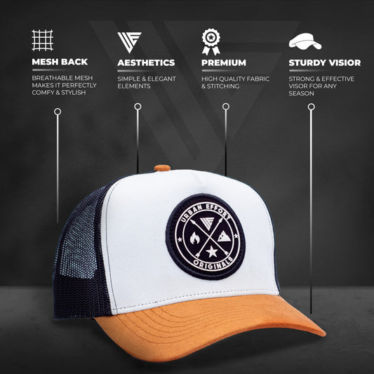 Urban Effort Trucker Hat for Men & Women, Mesh Back Baseball Cap, 5 Panel - color: White+ Brown Black Patch, style: Mesh Back