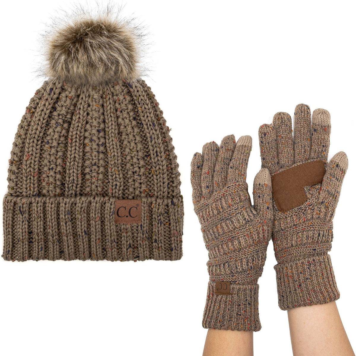 C.C Pom Cable Knit Beanie and Glove Set - color: Confetti Olive