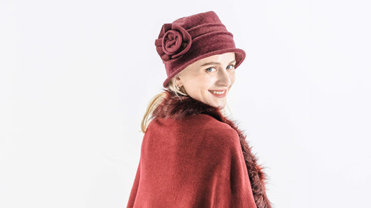 ZLYC Women Wool Cloche Bucket Hat 1920s Vintage Winter Hat with Flower - color: Solid Gray