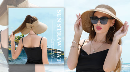 sy soul young Women's Straw Hat with Ponytail Hole Wide Brim Visor Sunhat - color: Navy